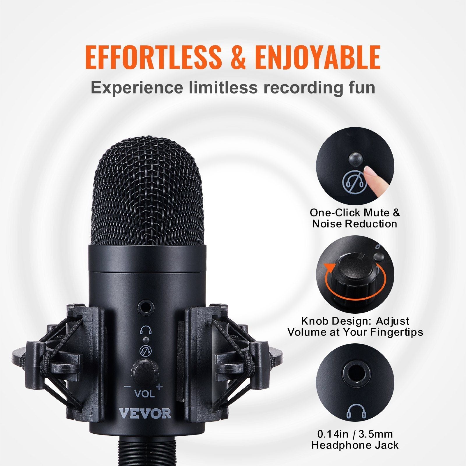 VEVOR USB Microphone, 192kHz/24 - bit, Professional Condenser Microphone Kit, with Boom Arm Stand Pop Filter Shock Mount Mute Button Headphones Jack, for Podcast Recording Video Gaming Singing Streaming
