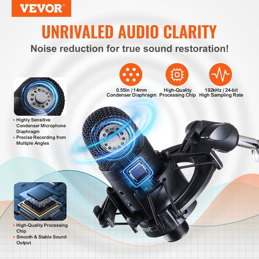 VEVOR USB Microphone, 192kHz/24 - bit, Professional Condenser Microphone Kit, with Boom Arm Stand Pop Filter Shock Mount Mute Button Headphones Jack, for Podcast Recording Video Gaming Singing Streaming