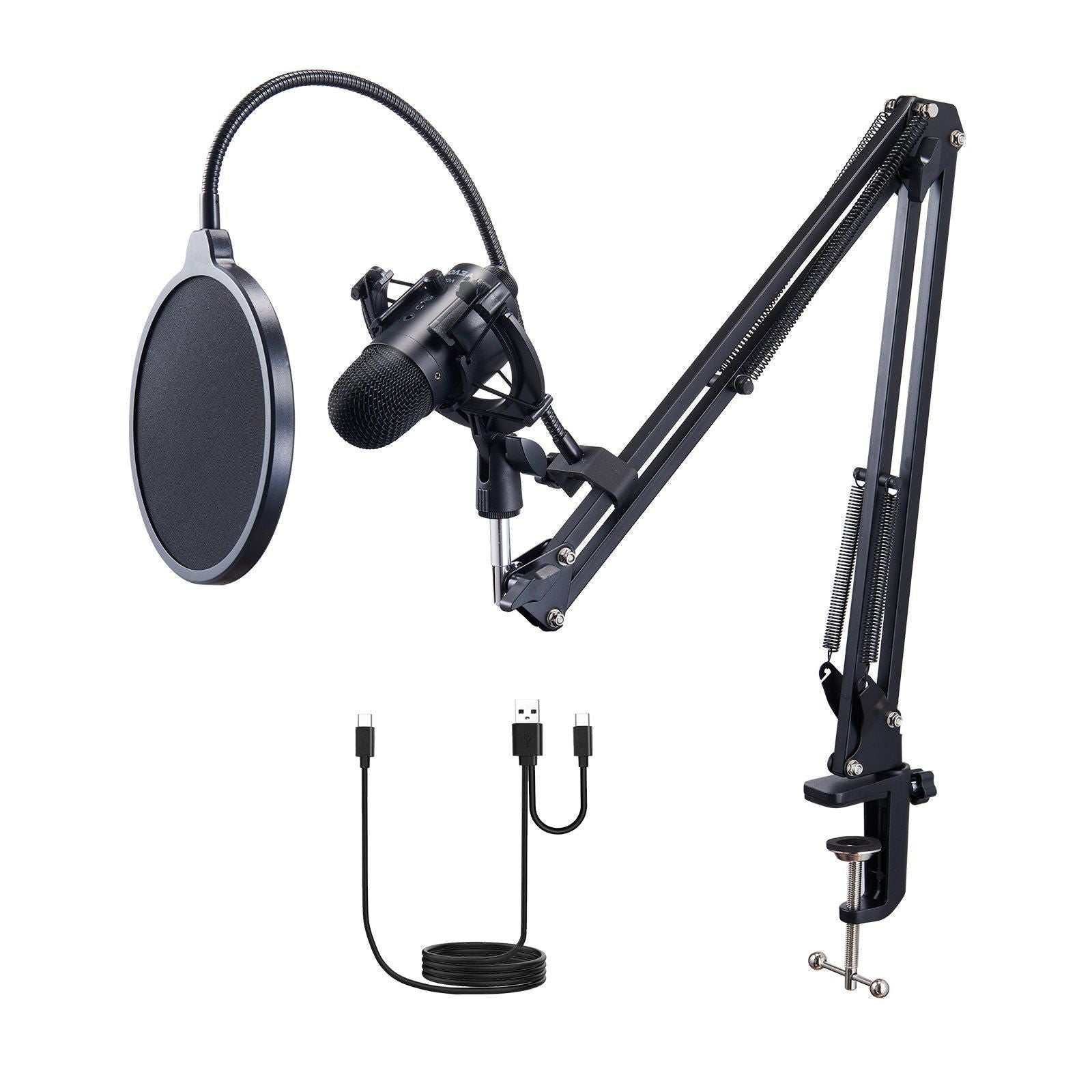 VEVOR USB Microphone, 192kHz/24 - bit, Professional Condenser Microphone Kit, with Boom Arm Stand Pop Filter Shock Mount Mute Button Headphones Jack, for Podcast Recording Video Gaming Singing Streaming