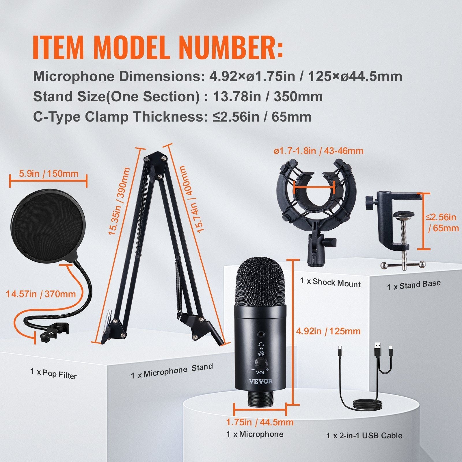 VEVOR USB Microphone, 192kHz/24 - bit, Professional Condenser Microphone Kit, with Boom Arm Stand Pop Filter Shock Mount Mute Button Headphones Jack, for Podcast Recording Video Gaming Singing Streaming