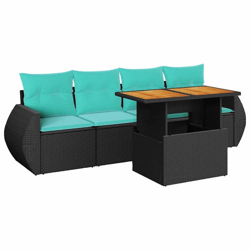 vidaXL 5 Piece Patio Sofa Set with Cushions Black Poly Rattan - Asmota