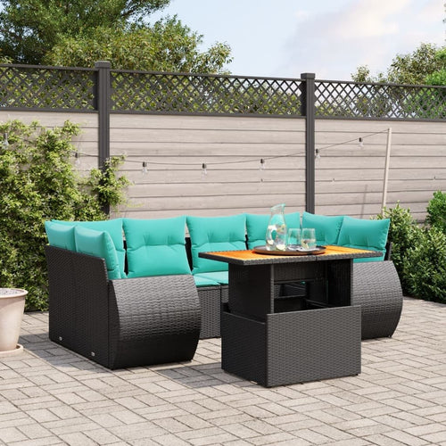 vidaXL 7 Piece Patio Sofa Set with Cushions Black Poly Rattan - Asmota