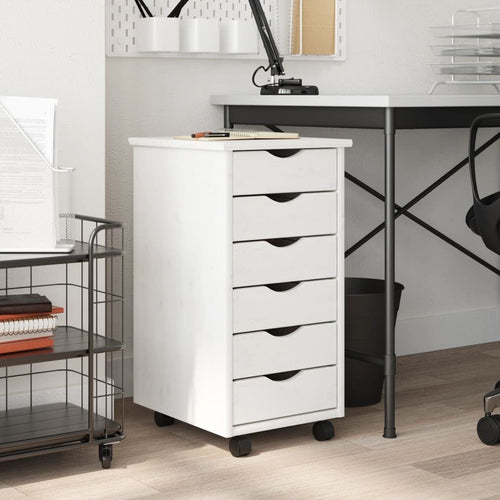 vidaXL Rolling Cabinet White Solid pine wood, engineered wood, plastic