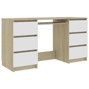 vidaXL Writing Desk White and Sonoma Oak Engineered Wood Writing Desk