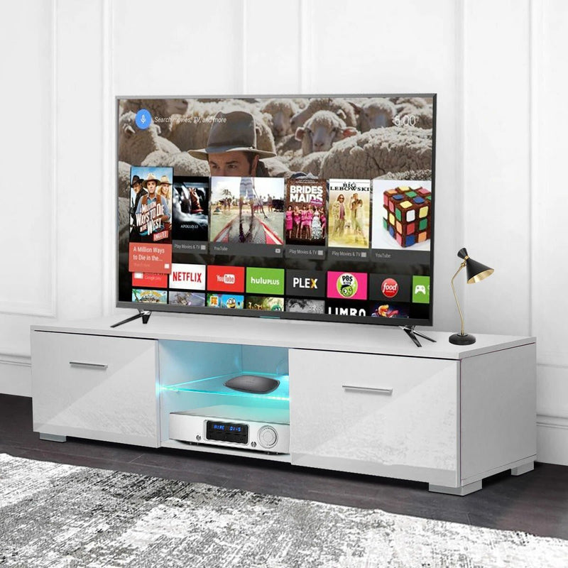 Woodyhome High Gloss TV Stand with LED Lights 2 Drawers Cabinet Unit Storage Entertainment for TVs up to 59 Inches - Asmota